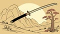 Samurai Katana Sword Mountain Landscape Vector Art, vector design Generative AI Royalty Free Stock Photo
