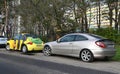 Classic veteran silver grey old private sport car Mercedes-Benz C-class 220 SportCoupe p and VW New Beetle Royalty Free Stock Photo