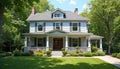 Classic Victorian house exterior with charming front yard, ample text space, inviting porch. Features elegant design, multiple Royalty Free Stock Photo