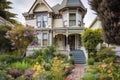 classic victorian house with front porch and welcoming, floral garden Royalty Free Stock Photo