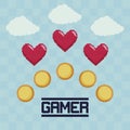 Classic video game coins and hearts Royalty Free Stock Photo