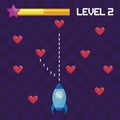 Classic video game rocket flying and hearts