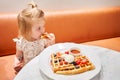 Classic Viennese waffles with ice cream, berries and Maple syrup. Breakfast in cafe. Table in the restaurant. Royalty Free Stock Photo