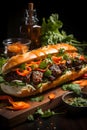 A classic Vietnamese banh mi - a sandwich made from short baguette filled with meat and vegetables