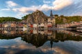 Classic view of the historic town of Dinant with scenic River Meuse in beautiful golden evening light at sunset, province of Namur