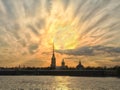 Classic view of Saint-Petersburg river scape at sunset, Peter and Paul fortress Royalty Free Stock Photo