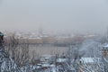 Classic view of Stockholm Sweden and the old town behind the bridge on a foggy winter day