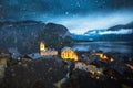 The classic view in the winter night of historical village Hallstatt, Austria Royalty Free Stock Photo