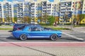 Classic vintage veteran blue car Ford Mustang coupe driving