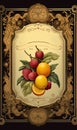 Classic vintage brandy label frame made of citrus and raspberries.