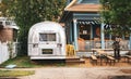 Classic vintage camper parked in Bishop Arts district in Dallas,Texas