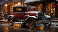 Red Vintage Car Parked Outside The Festively Christmas Decorated Shops. Generative AI