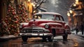 1940\'s Vintage Car Parked Outside The Festively Christmas Decorated Shops. Generative AI