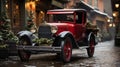 Gorgeous Red Vintage Car Parked Outside The Christmas Shops. Generative AI