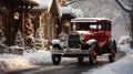 Snowy Christmas Classic Vintage Car Parked Outside a Festively Christmas Decorated Home. Generative AI Royalty Free Stock Photo