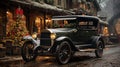 Old Model T style Car Parked Outside The Festively Christmas Decorated Shops. Generative AI