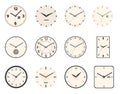 Classic and vintage clock and watch faces circle and rectangle designs. Analog clocks dial with roman numbers, hands and Royalty Free Stock Photo