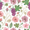 Classic vintage flower pattern with grapes.Seamless pattern with pink flowers and leaves on white background, watercolor floral