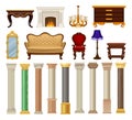 Classic Vintage Furniture Item with Sofa, Fireplace, Mirror, Table, Chair and Column Pillar Big Vector Set