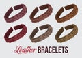 Classic vintage leather handmade realistic bracelets set. Wrist vector accessories. Design for print, emblem, t-shirt, sticker,