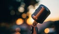 Vintage Microphone on Stand with Blurred Sunset Background retro audio Royalty Free Stock Photo