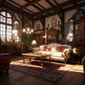 Classic vintage old-fashioned living room with leather sofa book shelf and wooden furniture.