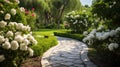 Classic and vintage pathway with green yard white rocks and flower bush