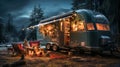 Vintage Classic RV Camper Trailer At The Campground Decorated for The Christmas Holiday - Generative AI