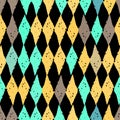 Classic vintage seamless pattern with rhombuses, texture grunge crayons ink. black yellow green brown abstract background. Can be Royalty Free Stock Photo