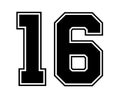 16 Classic Vintage Sport Jersey Number in black number on white background for american football, baseball or basketball Royalty Free Stock Photo