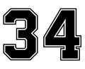 34 Classic Vintage Sport Jersey Number in black number on white background for american football, baseball or basketball Royalty Free Stock Photo