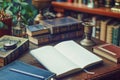 Classic Vintage Study Scene with Open Blank Journal, Books, Pen, and Antique Objects on a Wooden Table Royalty Free Stock Photo