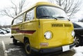 Classic vintage yellow Volkswagen Transporter camper van parked in Portsmouth NH Royalty Free Stock Photo