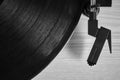 Classic vinyl record player closeup. Black and white photo has top view. Royalty Free Stock Photo