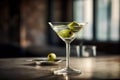 a classic Vodka Martini Gin cocktail served in a unique glass, garnished with plump olives. Royalty Free Stock Photo