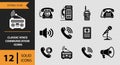 12 Classic Voice Communication Icons solid icon set. telephone handset audio call communication solid icons Royalty Free Stock Photo