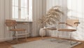 Classic waiting room in white and beige tones. Rattan and steal armchairs, side table, carpet, window and decors. Striped