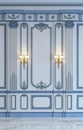 Classic wall panels in blue tones with gilding. 3d rendering