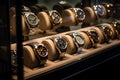 Classic watches elegantly showcased in glass display case. Generative AI