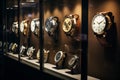 Classic watches elegantly showcased in glass display case. Generative AI Royalty Free Stock Photo