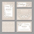 Classic wedding vintage invitation cards with roses and floral elements vector templates