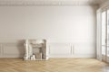 Classic white-beige blank wall empty interior with fireplace and moldings. Royalty Free Stock Photo