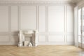 Classic white-beige blank wall empty interior with fireplace and moldings.