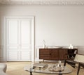 Classic white-beige interior with dresser, lounge chair and decor. Royalty Free Stock Photo