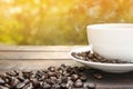 classic white coffee cup on natural green leaf background and sunlight bokeh in morning relax time Royalty Free Stock Photo