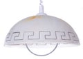 Classic white glass dome pendant light with a greek pattern shade on a cable stem isolated on white background