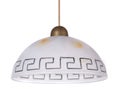 Classic white glass dome pendant light with a greek pattern shade on a cable stem isolated on white background