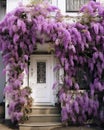 Classic white house with blossom purple flowers