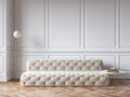 Classic white interior with capitone chester sofa, mouldings, wooden floor, floor lamp