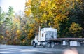 Classic white big rig semi truck with empty flat bed semi trailer driving on the autumn road with yellow maples Royalty Free Stock Photo